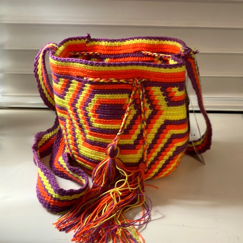 Wayuu small Mochila bags Handmade orange, yellow and multi-colored strap